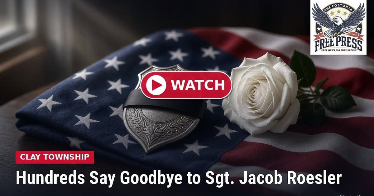 Fostoria News Memorial with American flag, white rose, and police badge for Sgt. Jacob Roesler.